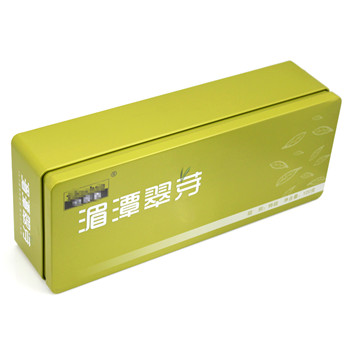 綠茶扣肩長方形精致鐵盒包裝_通用茶葉鐵盒鐵罐廠家定制